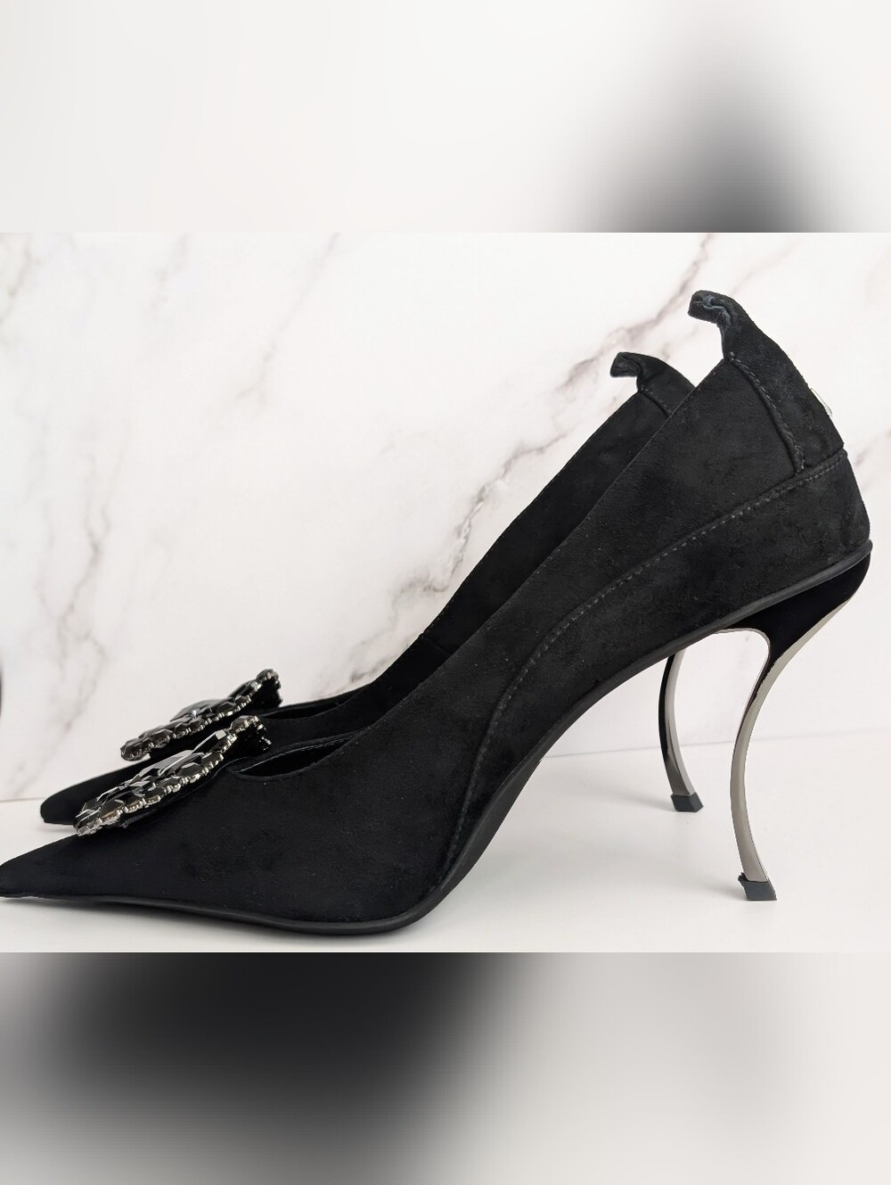 Jeffrey Campbell Parliament Black Suede Crystal Pointed Toe Pumps 8 - Picture 6 of 14